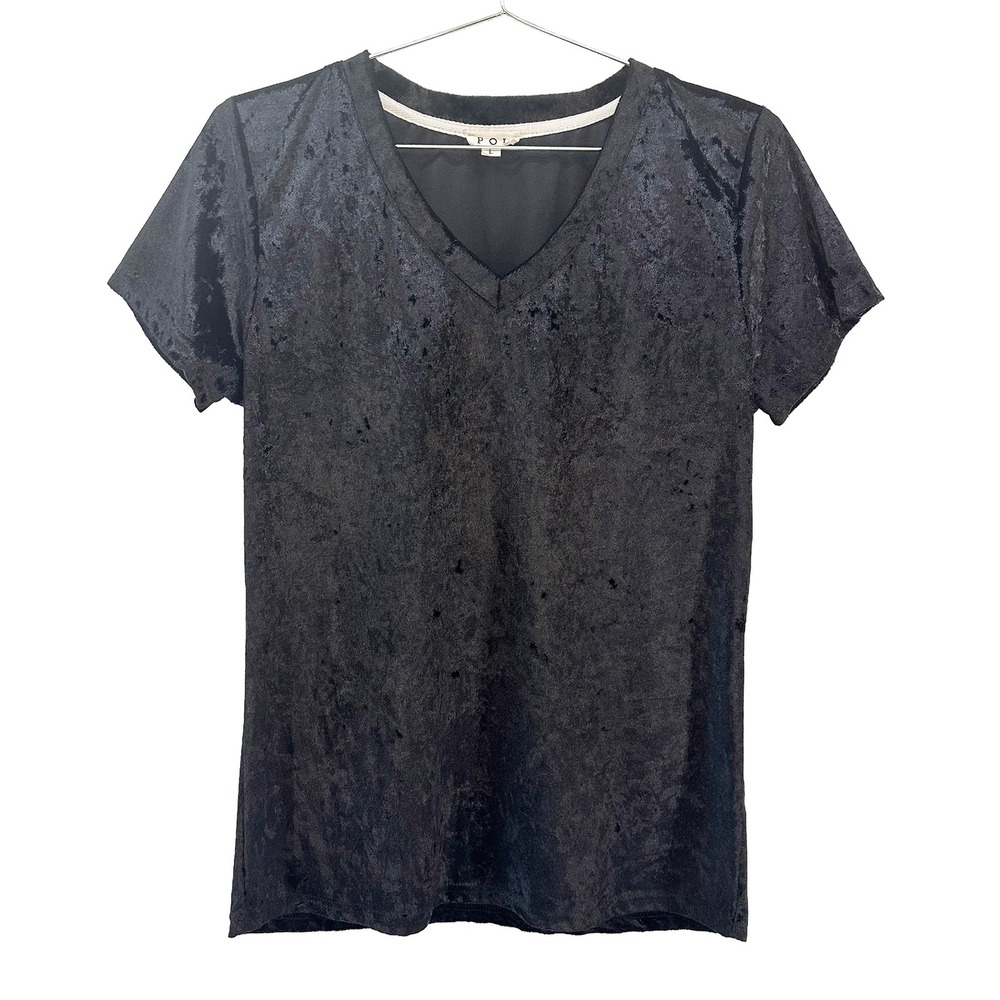 POL Crushed Velvet V-neck T-shirt • Large • black